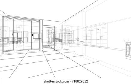 Interior sketch. Vector rendering of 3d. Wire-frame style. The layers of visible and invisible lines are separated