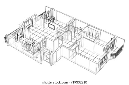 Interior sketch. Vector rendering of 3d. Wire-frame style. The layers of visible and invisible lines are separated