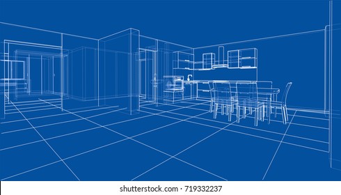 Interior sketch. Vector rendering of 3d. Wire-frame style. The layers of visible and invisible lines are separated