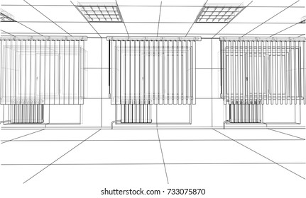 Interior sketch. Vector rendering of 3d. Wire-frame style. The layers of visible and invisible lines are separated