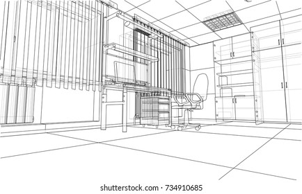 Interior sketch. Vector rendering of 3d. Wire-frame style. The layers of visible and invisible lines are separated