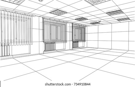 Interior sketch. Vector rendering of 3d. Wire-frame style. The layers of visible and invisible lines are separated