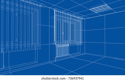 Interior sketch. Vector rendering of 3d. Wire-frame style. The layers of visible and invisible lines are separated