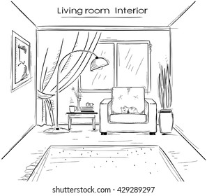 Interior sketchy illustration of living room.Vector hand drawing modern home isolated on white