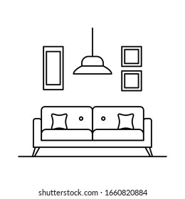 Interior with sofa, armchair, pillow, lamp, painting. Vector Interior with sofa, armchair, pillow, lamp, painting,in outline style isolated on white background. Element for web, game and advertising
