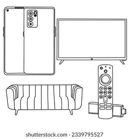 Interior with sofa illustration, tv with household appliances on white background