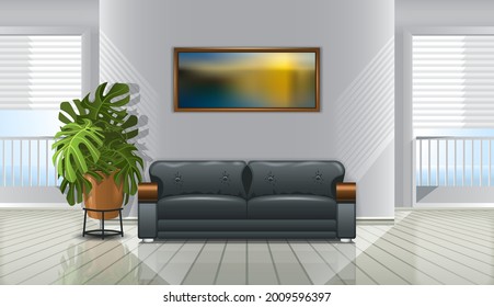 Interior with sofa, plant and picture on the wall. Vector illustration