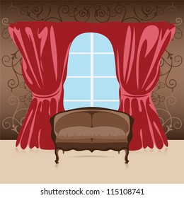 Interior, sofa in the room against the wall, curtains and window, vector illustration
