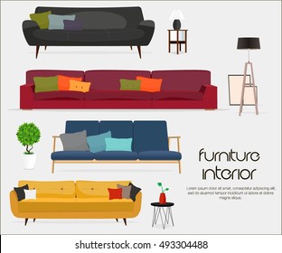 Interior. Sofa sets and home accessories. Furniture design. Sofas with pillows, lamps, pictures.