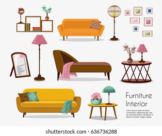 Interior. Sofa sets and home accessories. Furniture design. Sofas with pillows, lamps, pictures.
