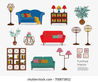 Interior. Sofa sets and home accessories. Furniture design. Sofas with pillows, pictures, wardrobe, tea table, floor lamps, table lamps, plants, chest of drawers.