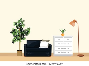 Inneneinrichtung mit Sofa-Lampe und Kunstblumen zur Illustration