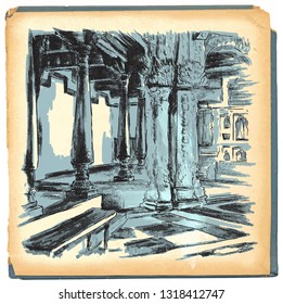 Interior of some old building. Cathedral. Vector illustration. Engraved effect.
