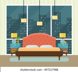 Interior space bedroom with a bed near a window. Vector flat illustration