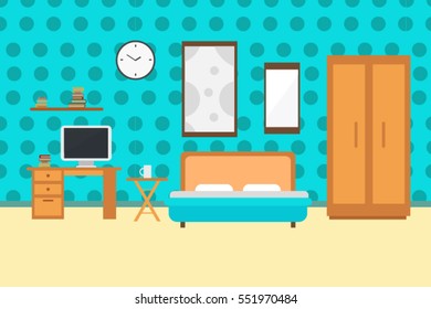 Interior space bedroom with a bed near a wardrobe Vector flat illustration