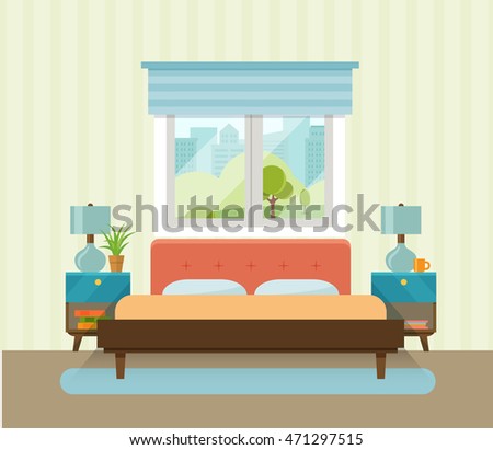 Interior space bedroom with a bed near a window. Vector flat illustration