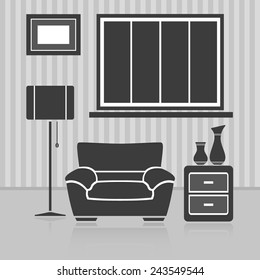 Interior space for relaxation. Furniture on wall background. Vector illustration.