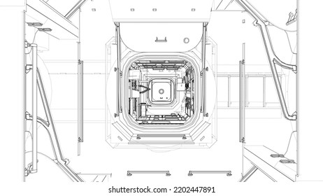 El interior de la estación espacial Elementos de estas imágenes facilitadas por la NASA. Representación vectorial de 3d. Las capas de líneas visibles e invisibles están separadas