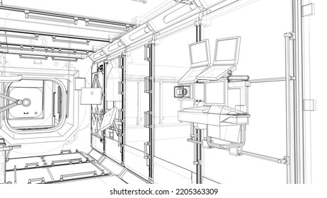 The interior of the space station. Elements of this images furnished by NASA. Vector rendering of 3d. The layers of visible and invisible lines are separated