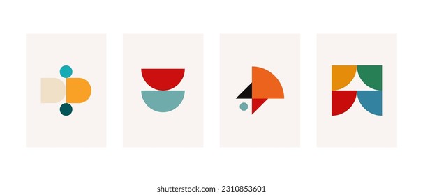 Interior Spaces with Bauhaus Inspired Geometric Posters. Vector Illustration Experimental Layouts Design.