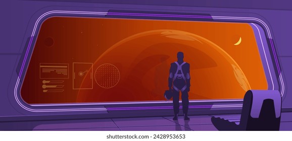 Interior de una nave espacial, un astronauta mira por la ventana del ojo de buey. Espacio abierto, planeta rojo, vuelo interplanetario. Interior con iluminación led de neón, asiento del piloto. Ciencia ficción, futurismo, ilustración vectorial