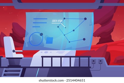 El interior de la nave espacial para el juego. Una Ilustración vectorial de una cabina con una pantalla y diagramas en ella, así como una ventana con una vista del planeta rojo