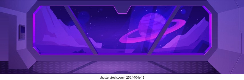 El interior de una nave espacial. Ilustración vectorial de una cabaña con una ventana que da al planeta Júpiter. Diseño futurista en tonos púrpura y neón para un juego