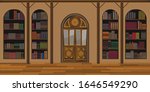 interior of a spacious library or living room with a large door