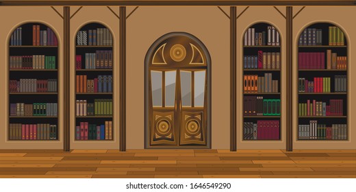 interior of a spacious library or living room with a large door