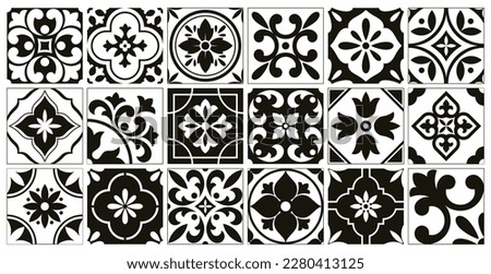 Interior spanish tiles, kitchen mosaic portuguese motifs. Black decoration tilings, mediterranean mexican floral interior racy vector elements
