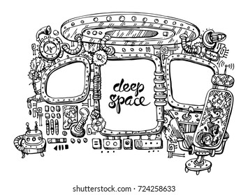 Interior of spase ship. Hand drawn illustration steampunk style. 