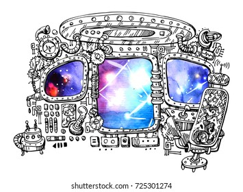 Interior of spase ship. Hand drawn illustration steampunk style. 