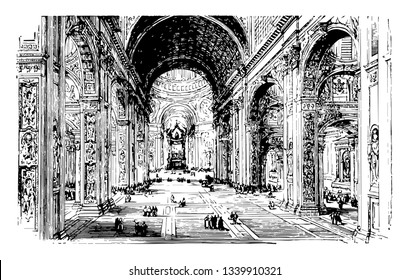 El interior de la basílica de San Pedro, situada en la iglesia de la Ciudad del Vaticano de Roma, fue diseñado por el pintor italiano Giovanni Paolo Panini y el arquitecto de la línea vintage de dibujo o ilustración de grabado.