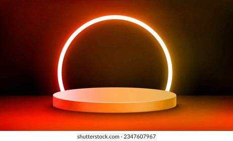 Interior with stage and red shining neon arc. 3d vector illustration