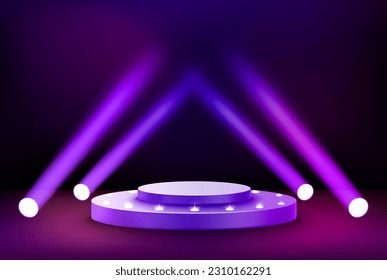 Interior with stage and shining projectors. 3d vector illustration