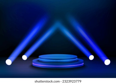 Interior with stage and shining projectors. 3d vector illustration
