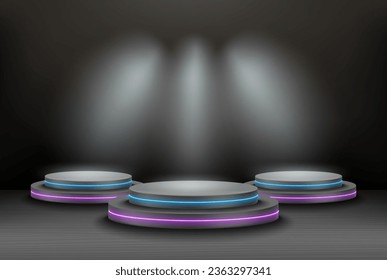 Interior with stage and shining projectors. 3d vector illustration