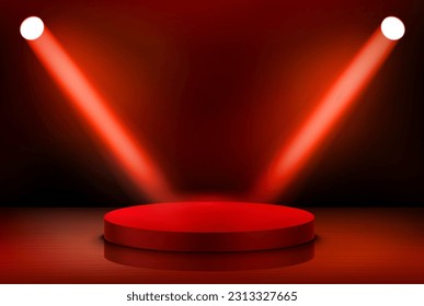 Interior with stage and shining red projectors. 3d vector illustration