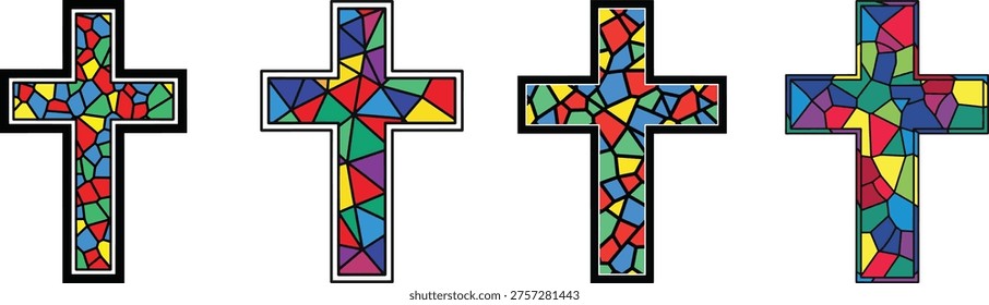 Interior stained-glass shard pattern style latin cross with thick border design collection, religious symbol on white background.
