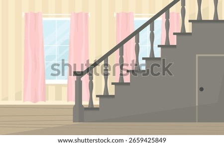 Interior with stairs, door and windows. First floor of the house. Empty interior.