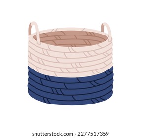 Interior storage basket from textile ropes. Modern trendy woven basketry, wicker bin with handles. Home fashion basketwork from paper vine. Flat vector illustration isolated on white background