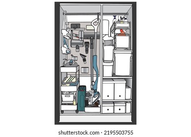 Interior of storage cabinet or storeroom full of messy cleaning equipment in the modern shelves in storage cabinet or storeroom. Design flat cartoon by Vector illustration isolate on white.