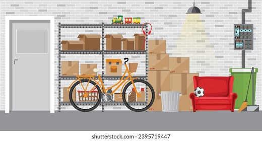 The interior storage room with space, storage box and furniture for keeping various household, vector illustration.