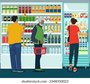 The interior of the store, shelves, showcase, refrigerator with drinks, customers choose the goods. Vector illustration.