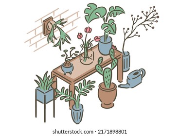 Interior store's plant section. Isometric illustration.