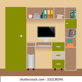 Interior study - desk, computer, shelves, books, alarm clock, folders