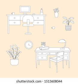 The interior of the study room. A cozy room a plant. Furniture isolated set. Cozy interior. Flat style vector illustration. Workplace in room. 