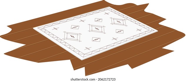 Interior style, colorful carpet close up, home decoration. Carpet with a geometric pattern lies on a wooden floor. Vector illustration