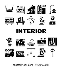 Interior Style Design Collection Icons Set Vector. Hanging Bed And Chair, Tree Plant In House And Solid Stone Washbasin Interior Furniture Glyph Pictograms Black Illustrations