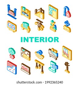 Iconos Set Vector de colección de diseño de estilo interior. Cama Y Silla Colgadas, Planta De Árboles En Casa Y Lavabo De Piedra Sólida Muebles De Interior Ilustraciones De Color
